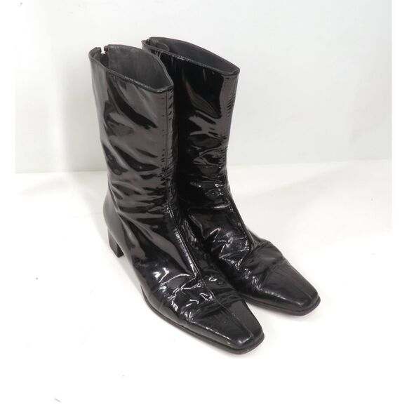 Stuart Weitzman Black Shiny Patent Leather Bootie Boots Wood Block Heel Women 9 - Picture 1 of 8
